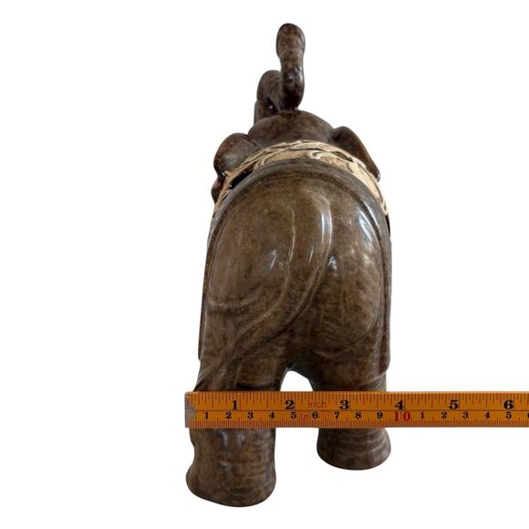 Vintage Ceramic Elephant Figurine Brown Red Glazed Filigree Cutout 7” Trunk Up - Picture 11 of 12